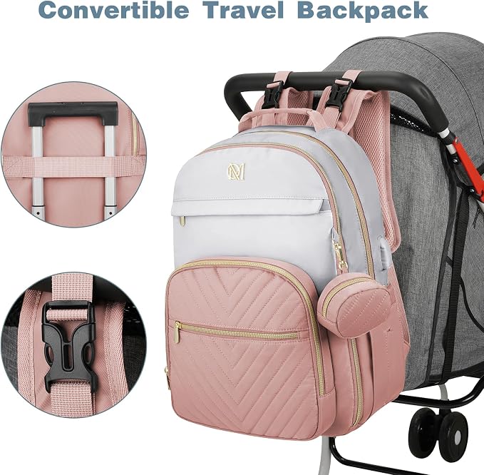 Diaper Bag Backpack, Quilted Baby Bag with Changing Pad & Stroller Straps & Pacifier Case, Large Travel Diaper Bags for Mom Dad, Pink Grey - Image 5