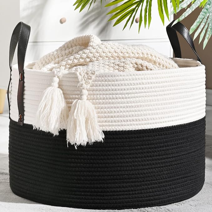 KAKAMAY Large Blanket Basket (20"x13"),Woven Baskets for storage Baby Laundry Hamper, Cotton Rope Blanket Basket for Living Room, Laundry, Nursery, Pillows, Baby Toy chest (White/Black) | Extra Large Capacity | Natural Cotton Rope | Blanket Storage | W... by KAKAMAY