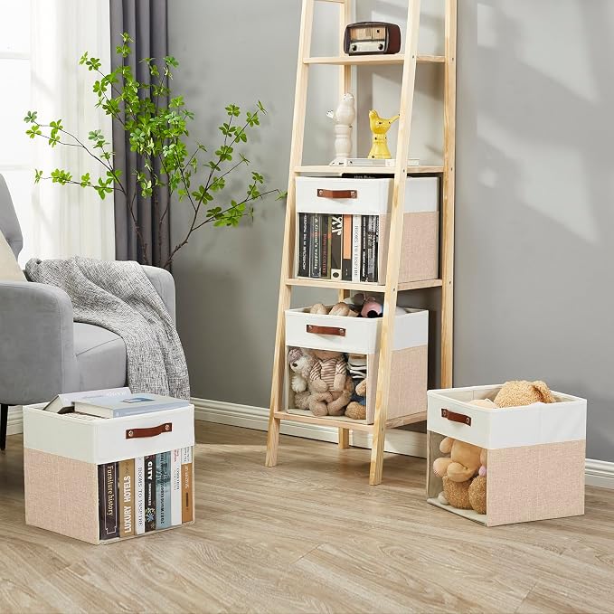 Storage Cubes, 4 Pack Linen Foldable Storage Bins (13 x 13 inch) with Clear Window and Handles, Fabric Organizer for Shelf Closet, Clothes, Books - (Beige and White) - Image 7