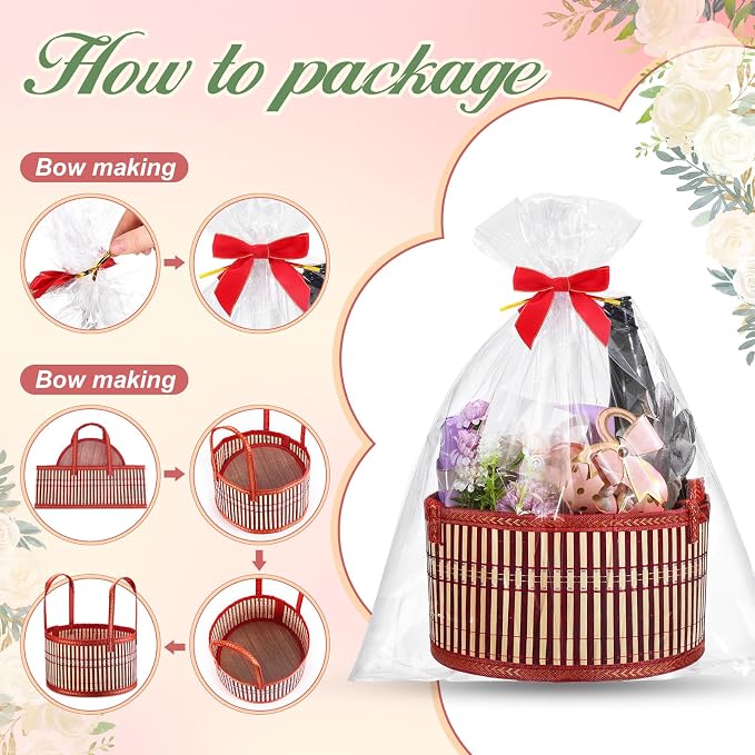 Weysat 3 Set Baskets for Gifts Empty Bulk, Large Woven Bamboo Gift Basket Kit with Handles, Bow, Wrap Bag to Fill for Raffle Thanksgiving Day Wedding Birthdays Party Wrapping (Red) - Image 2