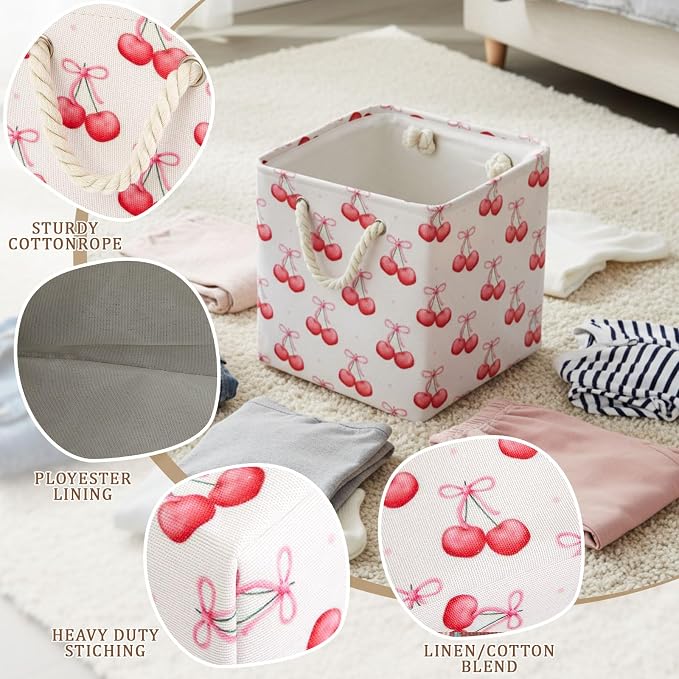 6 Pack Pink Bow Cube Storage Bins Fabric Square Cube Baskets, 11x11 Inch | Pink Bow Foldable Organizer with Sturdy Handles, Home Closet Bin for Shelves, Durable Cube Baskets Bulk for Home Storage - Image 3