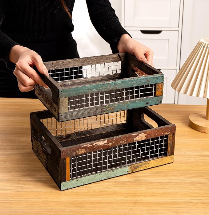 TIMRIS Set of 2 Rustic Wooden Countertop Baskets, Farmhouse Distressed Nesting Boxes, Small Decorative Wooden Storage Crates, Reclaimed Wood Organizer Baskets with Wire Mesh (Random) - Image 4