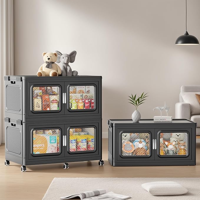 BROVIEW 900 Qt/225 Gal Stackable Storage Bins with Lids, 3 Pack, Black | Large Stackable Storage Boxes w/ 3 Lid Folding Plastic Cart Organizer for Home Kitchen, Open Front Clear Door with Wheels by BROVIEW-EnjoytheArtofLife