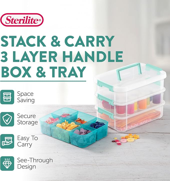 Sterilite 18 Pack Plastic Storage Box Container, 3 Layer, Stack and Carry, Clear/Blue - Image 3