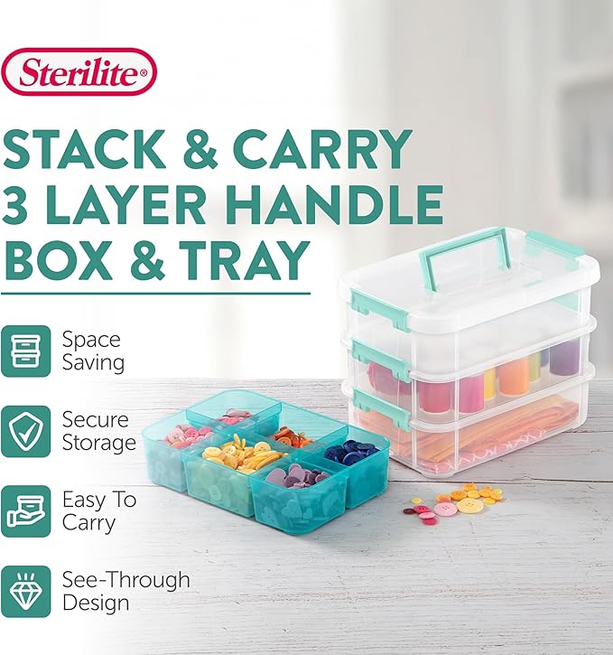 Sterilite 12 Pack Plastic Storage Box Container, 3 Layer, Stack and Carry, Clear/Blue - Image 3