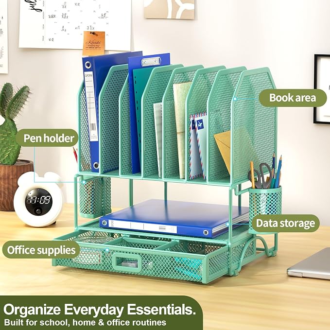 FANXIYQ Metal Desk Organizer with Sliding Drawer, 7-Section File Organizer for Desk, Desktop File Folder & Paper Organizer with 2 Hanging Pen Holders, Office Supplies Organizer, Green - Image 2
