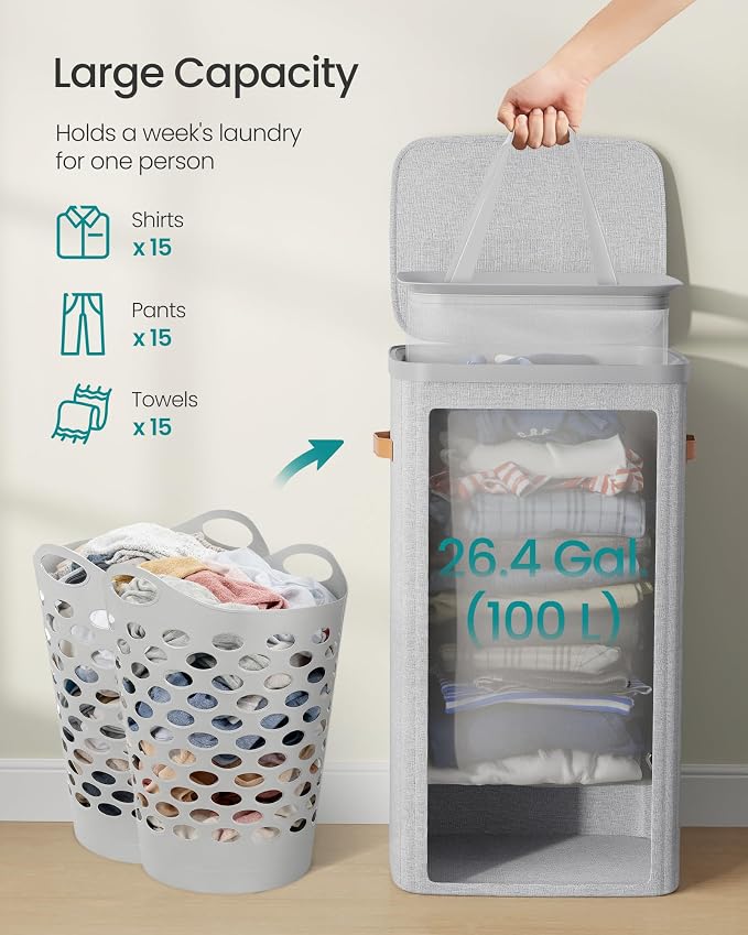 SONGMICS Laundry Basket, 26.4 Gal. Laundry Hamper, Easy Assembly, with Lid and Handles, Removable Liner, 16.5 x 12.6 x 29.5 Inches, Dove Gray ULCB811GD01 - Image 4