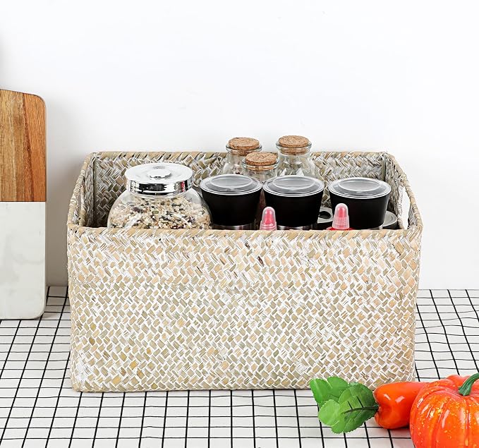 Hipiwe Seagrass Storage Basket Bin Rectangular Handwoven Wicker Storage Box with Handle Opened Baskets for Shelf Organizing Closet Bathroom, 13.3 x 9.8 x 6.7 Inch - Image 2