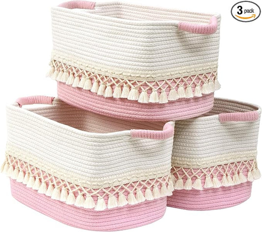 3 Pack Storage Basket for Shelves, Boho Cotton Rope Storage Bins with Heavy Tassel, Shelf Baskets Large Woven Baskets for Organizing, Cube Organizer Bins, Baby Laundry Basket for Clothes, Toys, Pets by Degeyoyo
