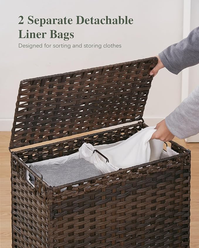 SETVSON Laundry Hamper with Lid, 29.6 Gal 2-Bag Clothes Sorter, Brown | 112L 2-Section PE Rattan Hamper with Lid, Metal Heightened Feet, 2 Removable Liners, 6 Mesh Laundry Bags, Steel Frame - Image 4