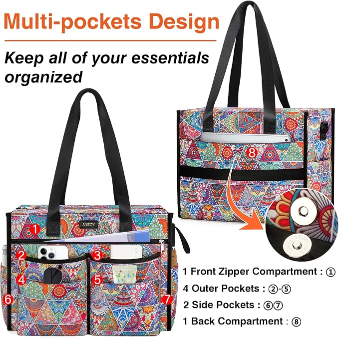 ITIEZY Large Utility Tote Bag for Women with 18 Pockets, Waterproof Teacher Nurse Bags with Zipper for Everyday Travel Work - Image 4