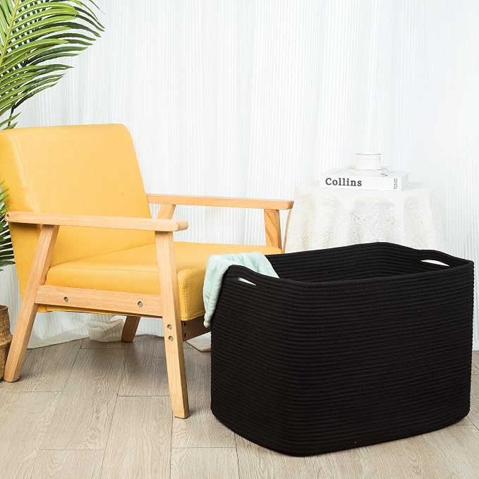 112L Extra Large Blanket Basket Holder Living Room, 25"x17"x16" Rectangle Rope Woven Storage Basket with Handles for Laundry, Pool Towels, Shoes, Dog Toy Organizer Bin Box, Black - Image 4