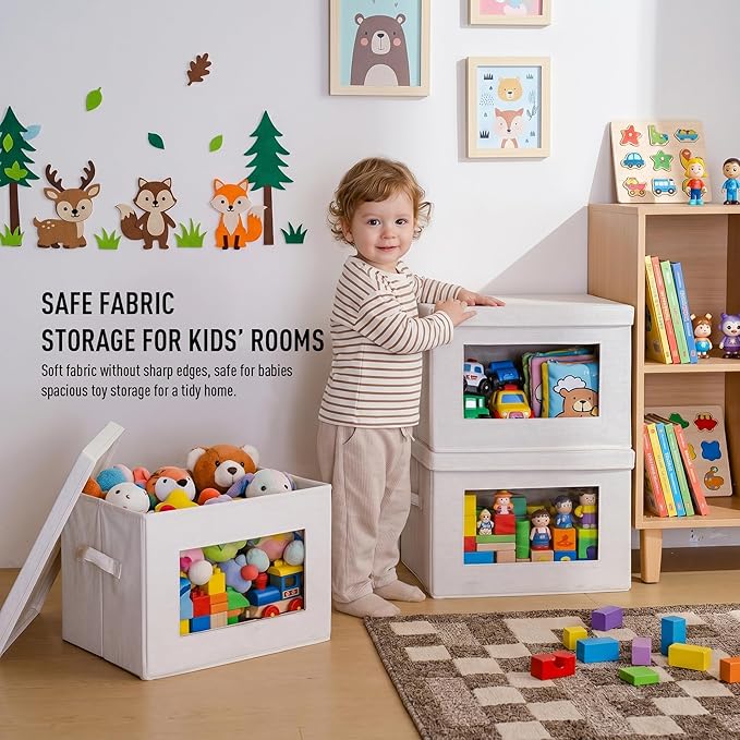 4-Pack Large Storage Bins with Lids & Clear Window, Foldable Fabric Closet Organizer Boxes, Stackable Cube Baskets with Soft Handles for Clothes & Blankets, 17”, Beige - Image 6