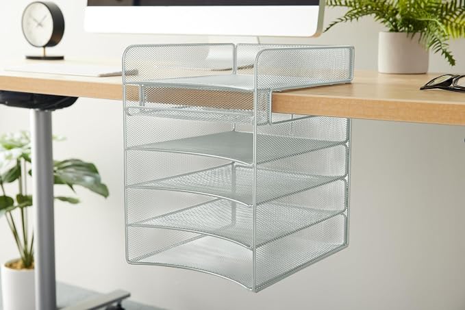 Safco Onyx Hanging Desktop Organizer with 5 Horizontal Trays, Under-Desk Storage. Fits Tables 1.75" Thick and Under, Silver - Image 2