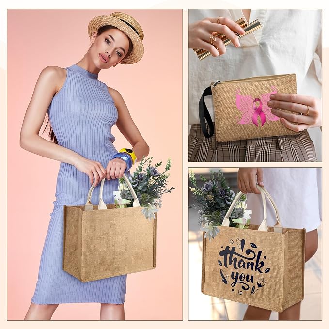 Silkfly Burlap Tote Bags Bulk with Handle Reusable Jute Gift Tote Bags and Makeup Bag for Women Bridesmaid, Wedding - Image 2