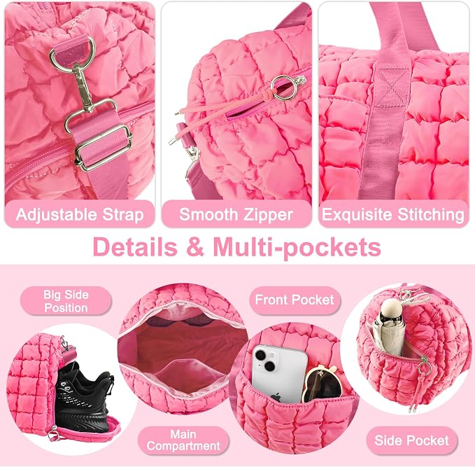 Quilted Travel Duffle Bag Gym Bag for Women,Large Puffer Duffle Weekender Bag with Compartment,Workout Overnight Carry on Organizer Bag Duffle Bag for Airplane Travel(Pink) - Image 3