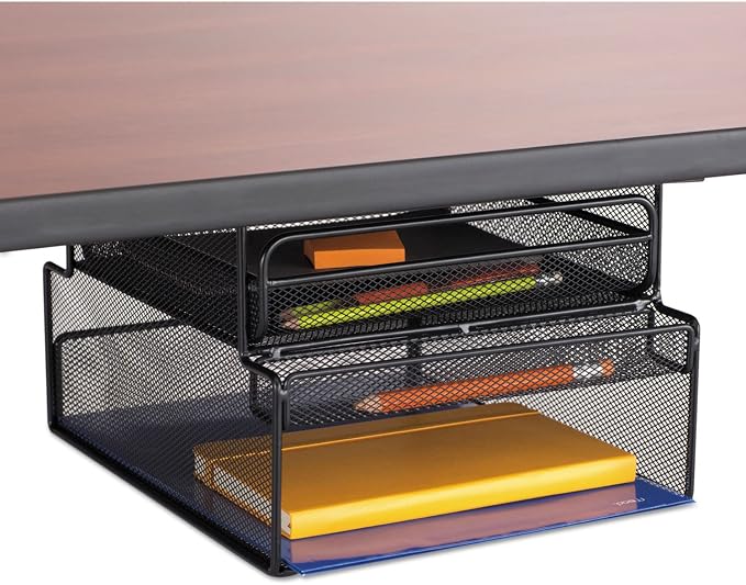 Safco 3244BL Onyx Mesh Deluxe Under Desk Hanging File & Paper Organizer, Black, Steel Construction, 2 Compartments, Tabletop or Desktop. Perfect for Home, Office & Classrooms, Black by SafcoProducts