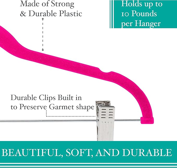Simplify 6 Pack Slim Velvet Hangers with Skirt or Pant Clips, Space Saver, Prevent Garment Creases, Swivel Neck, Durable, Fuchsia - Image 3