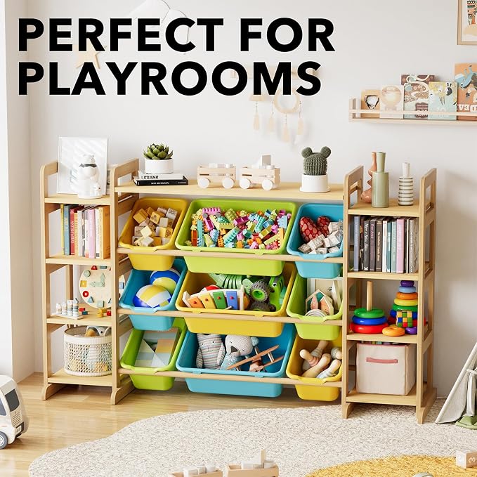 SpaceAid Large Toy Storage Organizer 9 Shelves 9 Bins, Toy Organizers Storage Bookshelf, Kids Bin Shelf Toys Box Bookcase for Bedroom Playroom Organization Room Decor, Multi-Colored - Image 3