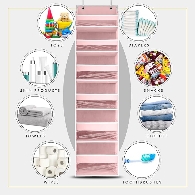 Over the Door Organizer, 6-Tier, 100D Fabric, Baby Pink 1pc | Over the door shoe organizer, 50 lbs capacity, 12 side mesh pockets, 100D extra thick fabric, Closet & entryway storage - Image 6