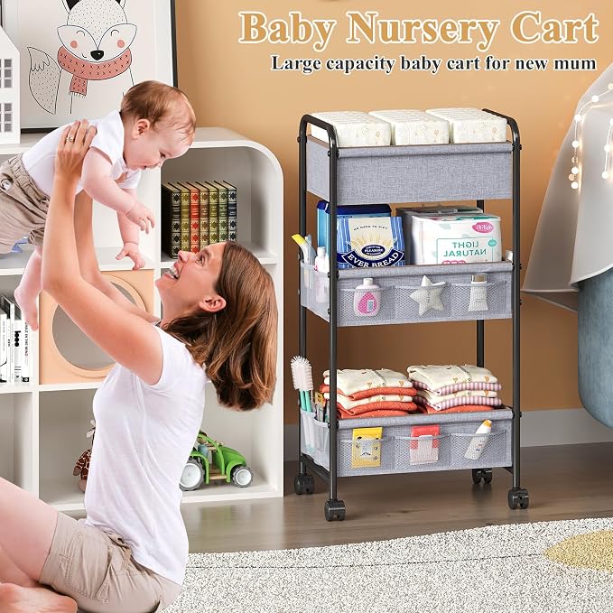 3-Tier Baby Diaper Caddy Cart Organizer with 2 Dividers & 14 Mesh Pockets - Black Mobile Nursery Storage Cart with Wheels, Durable Metal Utility Cart for Nursery, Bedroom, Baby Essentials Organization - Image 4