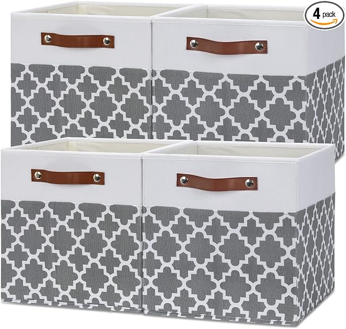 Temary 12x12x12 Fabric Storage Bins 4 Pack with Leather Handle, Foldable Cubes Storage Box Baskets for Closet, Shelf (White&Lattice) by TEMARY