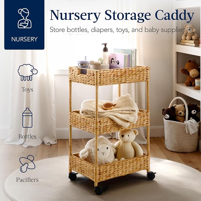 Best Choice Products 3-Tier Water Hyacinth Rolling Nursery Caddy w/Wheels, Utility Cart, Storage Organization for Bathroom, Craft Room, Laundry Room - Natural - Image 4