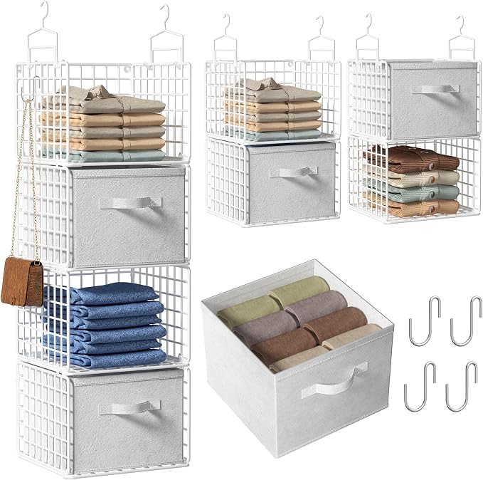 Hanging Closet Organizer with Drawers, 4 Tier Metal Closet Organizers and Storage with 4 Hanging Hooks 4 S-Hooks for Wardrobe Laundry Room, Wire Storage Shelf for Clothes Sweaters Pants (White) by Orapoke