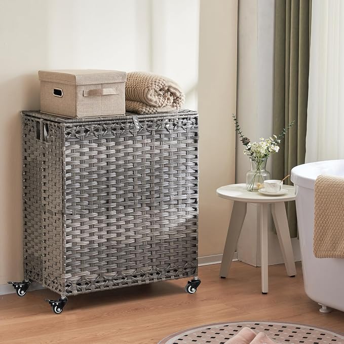 Laundry Hamper with Wheels&Lid, 50.2 Gallons(190L) Rolling Laundry Basket with Wheels, 3-Section Laundry Hamper, Handwoven Rattan Clothes Hamper with 6 Removable Liner& 3 Mesh Laundry Bags, Grey - Image 2