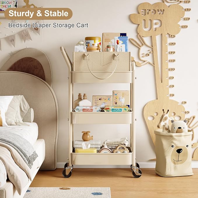 Baby Diaper Caddy Organizer Cart with Detachable Dividers, 3 Tier Metal Bedside Storage Rolling Cart with Wheels for Nursery, Postpartum Cart and Organizers for Newborn Essentials & Supplies (Oatmeal) - Image 7