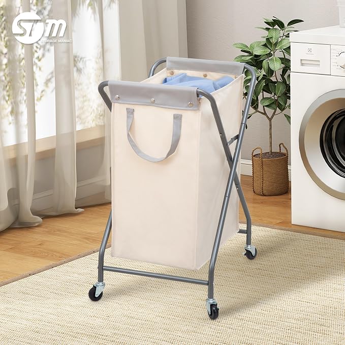 STORAGE MANIAC Collapsible Laundry Hamper with Wheels, Rolling Laundry Basket, Heavy Duty Cloth Sorter with Removable Bag, Folding X Frame Clothes Organizer Cart for Easy to Store, 1 Section - Image 7