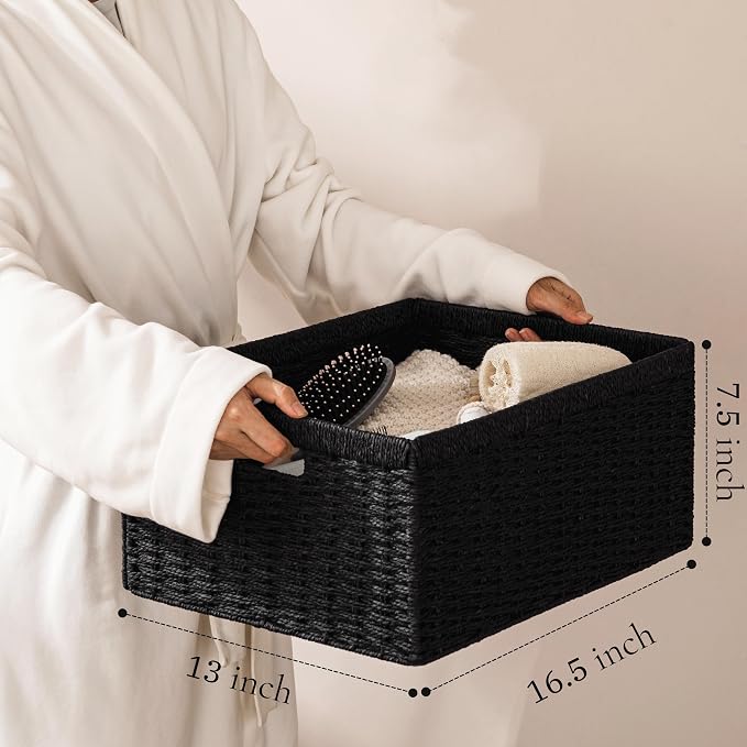UBBCARE 2 Pack Wicker Basket, 16.5L×13H×7.5W inch Woven Paper Rope Storage Baskets for Shelves, Foldable Rectangular Storage Baskets with Handle, Storage Basket for Organizing, Black - Image 2