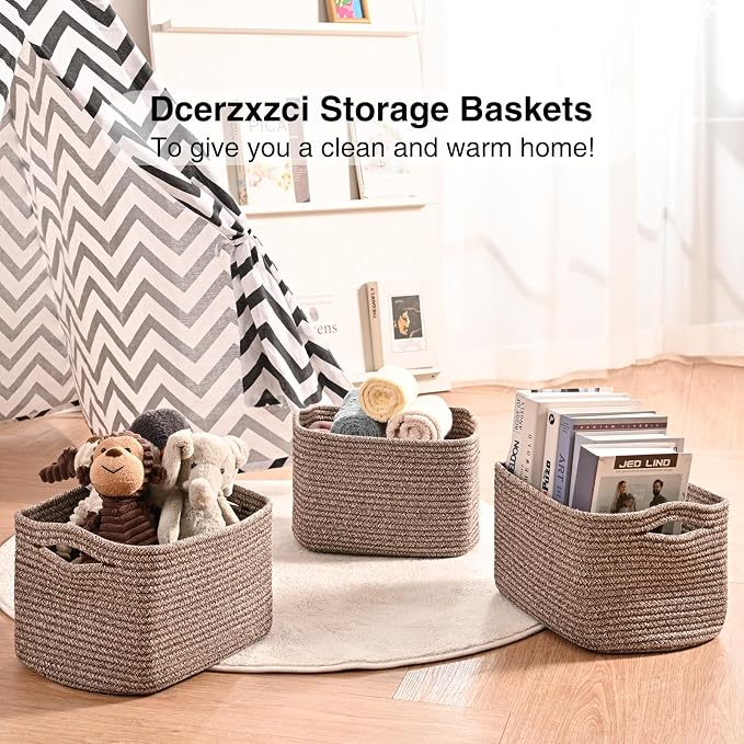 Small Storage Baskets for Organizing Shelves, Cotton Rope Basket for Storage, Cute Rectangular Book Toy Basket, 12.7"×9.1"×7.9", 4 Packs, Dark Brown - Image 6