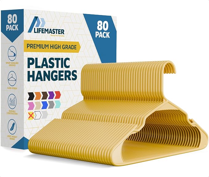 Lifemaster Plastic Clothes Hangers – Heavy Duty Hanger Set, for Organizing Clothes, Dresses, and Coat, Holds Up to 5 lbs, Space-Saving Hangers with Non-Slip Shoulder Grooves, Pack of 80, Yellow by LIFEMASTER
