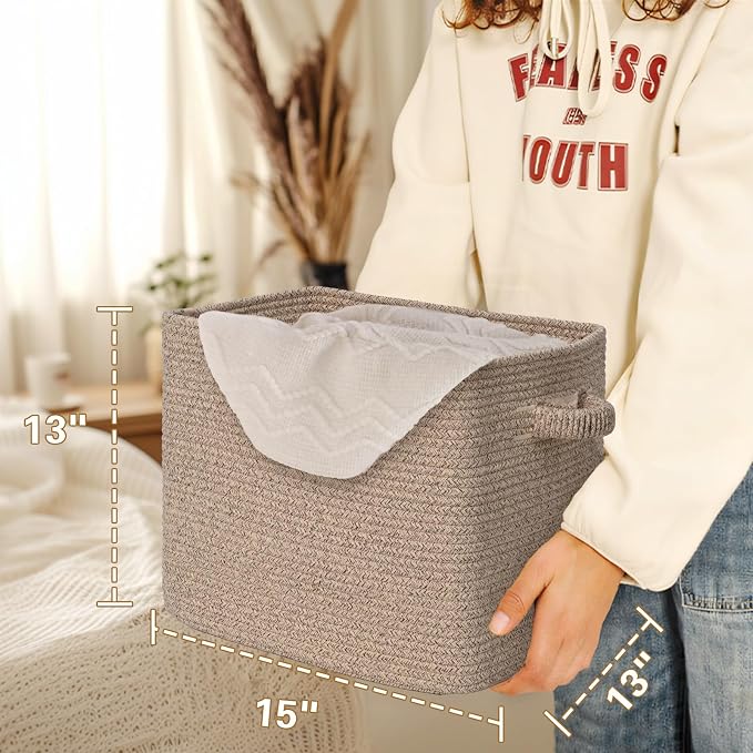 15×13 Inch Storage Cubes, 3 Pack Cube Storage Bins for Organizing, Cotton Rope Woven Baskets for Shelves, Bathroom, Kids Room, Closets, Baby Nursery - Image 4