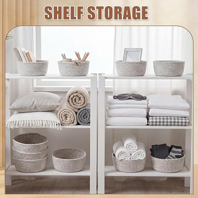 12 Pack Small Storage Basket Cute Natural Cotton Rope Woven Basket Tiny Boho Decorative Toy Storage Bin Gift Baskets for Home Organizing, Closet, Shelf, Nursery, Bathroom (Round,Oatmeal) - Image 5