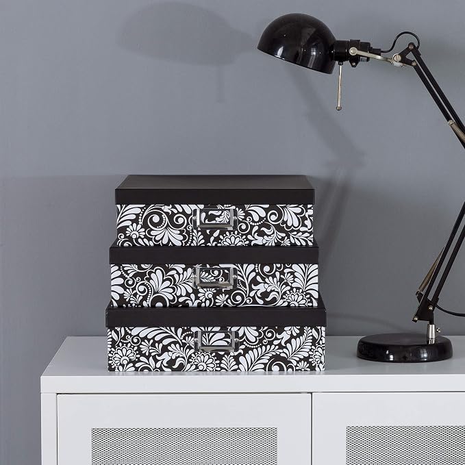 Soul & Lane - Black and White Floral Storage Boxes with Lids, Set of 3 | Decorative Cardboard Paper Box Set for Documents, Photos, Memories and Keepsakes, Large Pretty Nesting Letter Organizers - Image 4