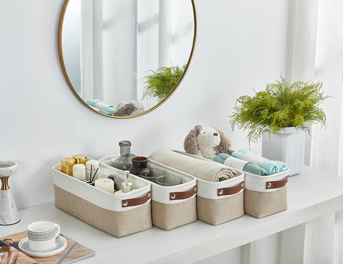 DECOMOMO Narrow Storage Bins, Small Storage Baskets for Shelves 4 Pack | Baskets for Organizing Bathroom, Toilet Tank, Gifts (Beige & White) - Image 4