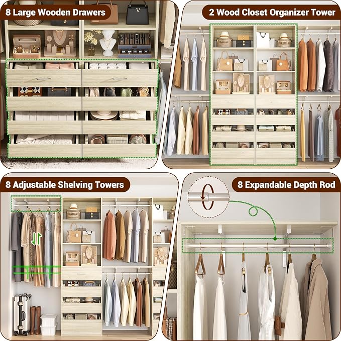 Aheaplus Closet System with Drawers Set of 2, Wood Closet Organizer System with 8 Hanging Rods & Top Shelves, Walk-in Closets Organizer Wardrobe Clothes Rack, Cut Fits Spaces 4-9FT. Wide, White Oak - Image 2