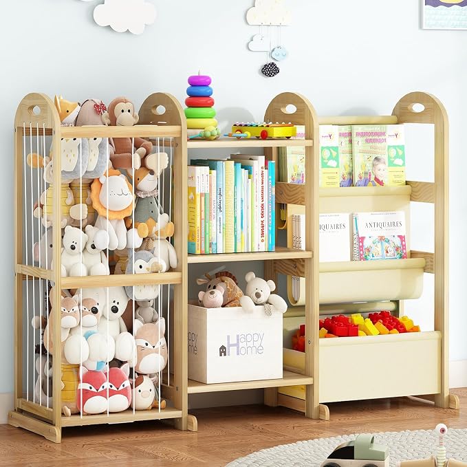 Kids Bookshelf and Toy Storage Organizer, 3-Tier Book Shelf with Stuffed Animal Storage, Kids Toy Book Storage for Bedroom Playroom, Wooden Toy Organizer with 3 Shelves, 49.4" W by Orekemo