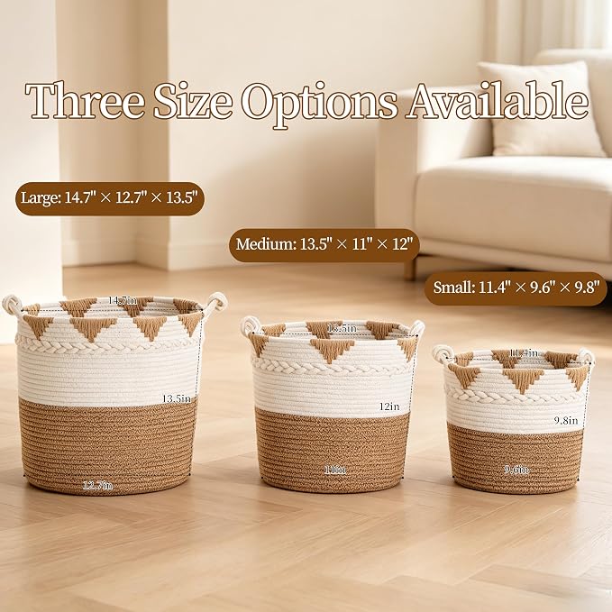 Boho Cotton Rope Woven Storage Basket, Large Decorative Laundry Hamper with Handles- Pack of 3 for Organizing Toy Woven Cotton Rope Laundry Basket Stuffed Animal Toy Storage for Play Room Bedroom - Image 3