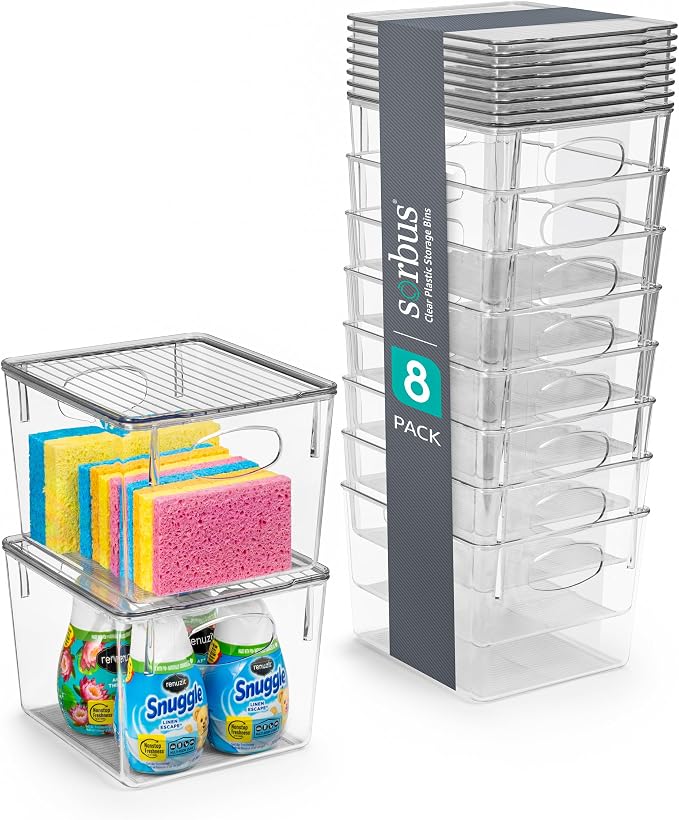 Sorbus Medium Clear Plastic Storage Bins with Lids, Clear Stackable Storage Bins, Laundry Room Organizer Bins, Office, Classroom, Playroom, Bathroom, Laundry Room Organization and Storage (8 Pack) by Sorbus