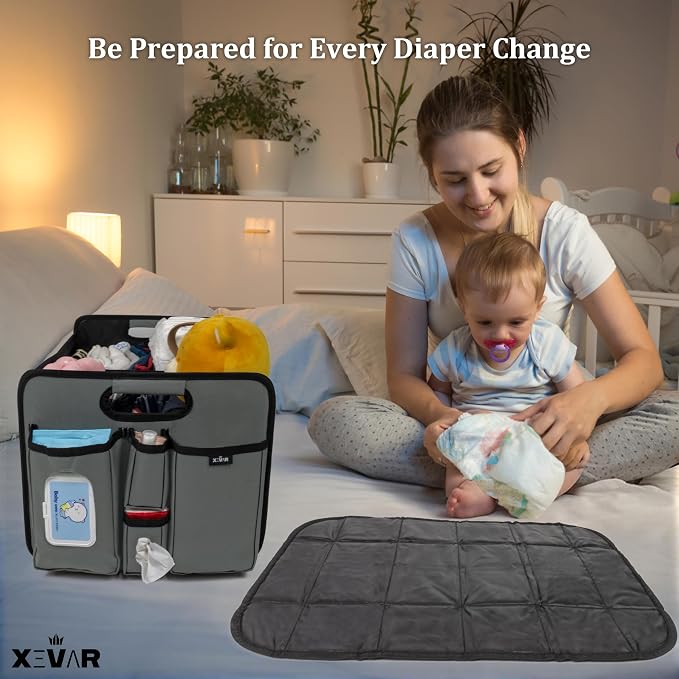 Baby Diaper Caddy Organizer with Changing Mat - Portable Car Caddy for Newborn Essentials, Diapers & Wipes, Perfect for Baby Shower and New Mom | Oxford Fabric, Grey - Image 6
