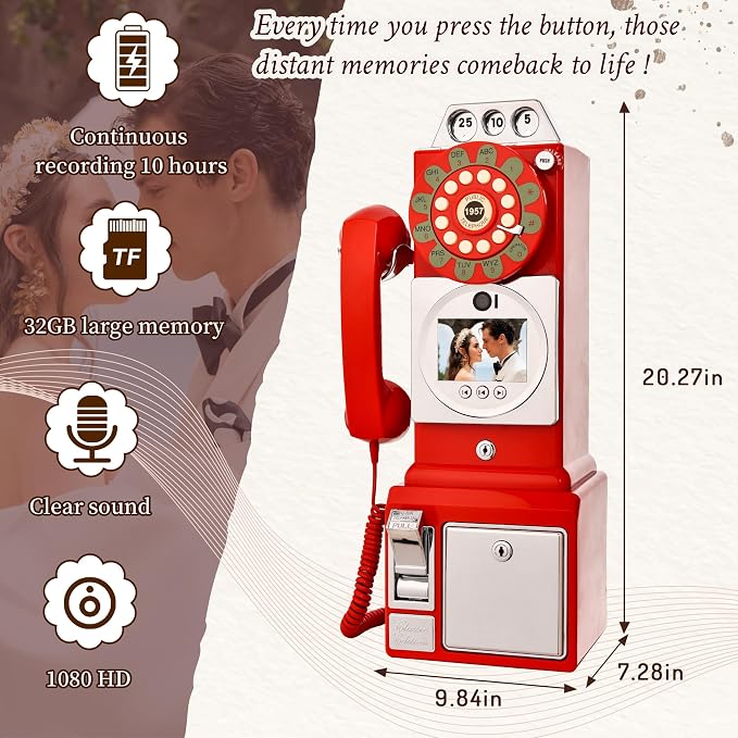 Video Audio Guest Book, Wedding Phone Customized Video Messages, Record Preserve Your Special Occasions, Ideal for a Variety of Memorable Party Occasions (Wall Phone,Red) - Image 2