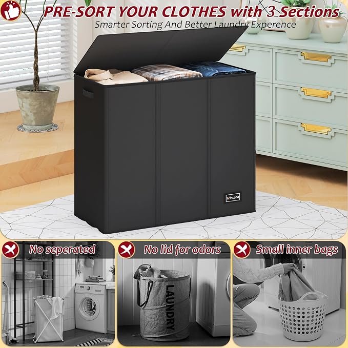 220L Laundry Hamper 3 Section,Large Laundry Hamper with Lid,Dirty Clothes Hamper with 3 Inner Bags,Collapsible Laundry Basket Organizer for Laundry Room,Bedroom,Laundry Sorter Hamper 3 Compartment - Image 3