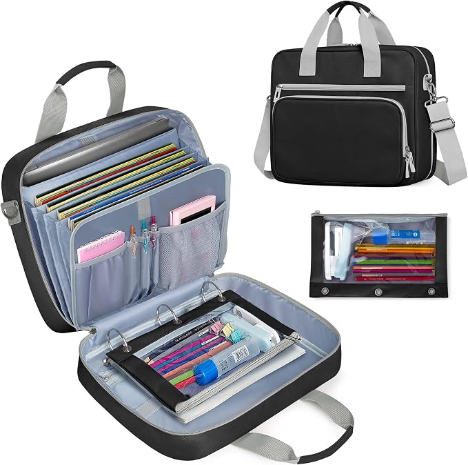YARWO 2026 Upgraded Zipper Binder 3 Ring Binder Bag with Pencil Pouch | 500 Sheets Capacity, 5-Tab Expanding File Folder, 14” Laptop Padded Sleeve, Shoulder Strap, for College, Office, Home, Black by Yarwo