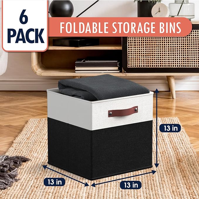 Ornavo Home 13x13 Foldable Fabric Storage Cube Bins, 6 Pack, White/Black | Collapsible Linen Shelf Basket Organizer; Leather Handles; Ideal Cube Storage For Closet - Image 6