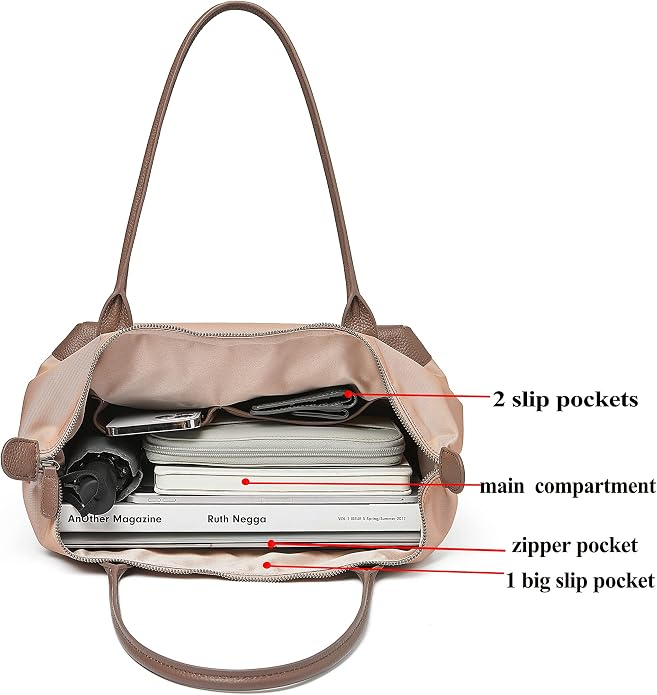 DORIS&JACKY Women Lightweight Tote Bag Designer Leather Work Shoulder Purse | Large Foldable Waterproof Nylon Hobo, Soft Fashion Casual Travel Gym Shopping Handbags with Long Leather Strap - Image 6