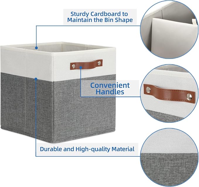 Temary Storage Cubes 12x12 Fabric Cube Storage Bins Foldable Storage Baskets with Handles, Decorative Storage Boxes for Organizing, Home, Office, Nursery, Shelf, Closet (White & Grey, 12 x 12 x 12) - Image 4