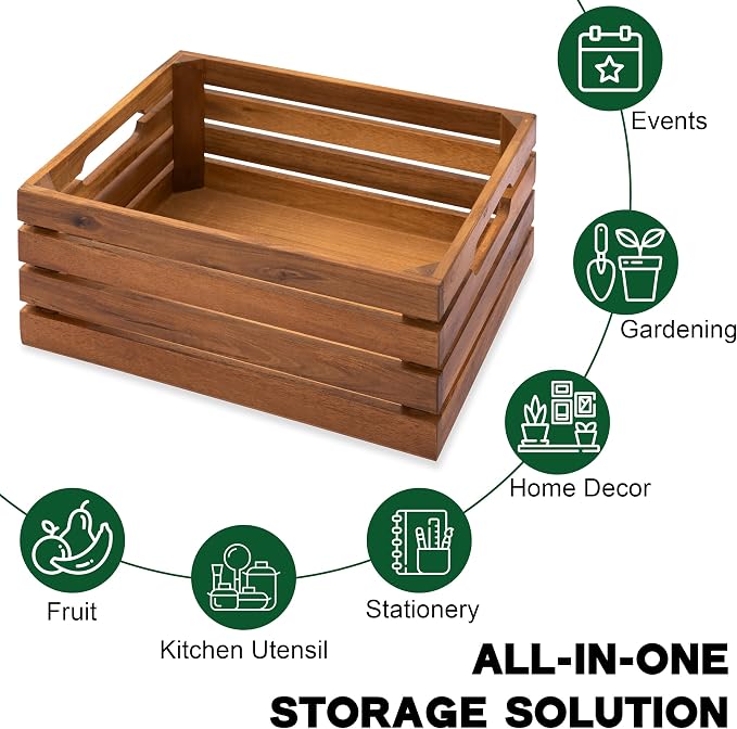 Nesting Wood Storage Crates (Set of 3) - Natural Acacia Wood Stackable Wooden Boxes for Storage & Organization - Decorative Wooden Basket Set for Fruits, Shelving & Home Decor - Image 7